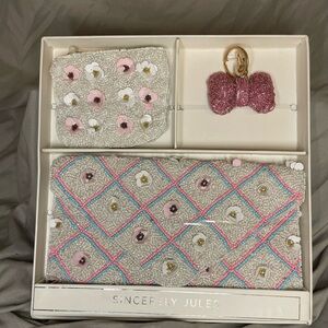Sincerely Jules Beaded Clutch, Coin Purse, Bow bag charm Pink and Gold Accents